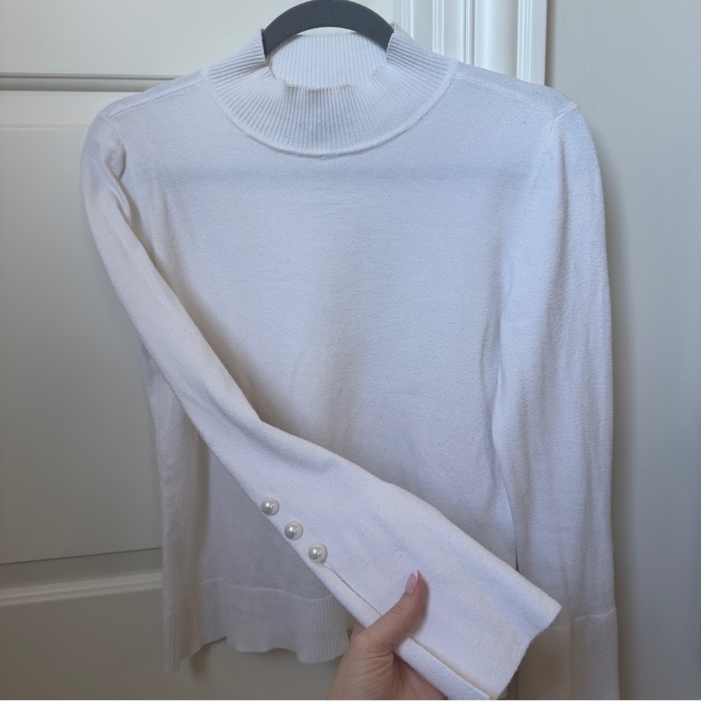 Elegant White Women's Top Pearls Slit Sleeves Cream Long Sleeve Size Small Cece